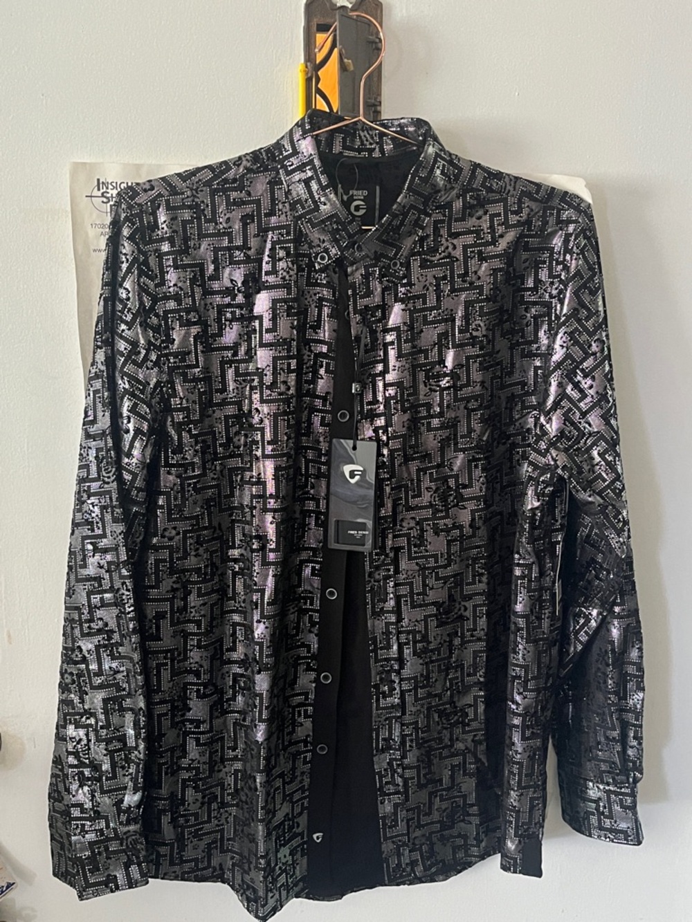 Fried denim Men's Black Dress Shirt wSilver Pattern &black velvet floral overlay